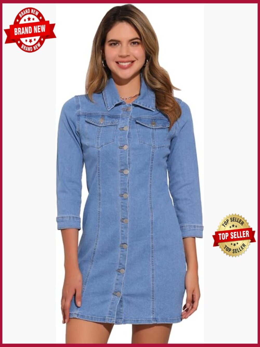 Women Denim Mini Dress Button Down Fitted Shift Dress with Collar